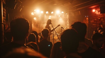 Shared Musical Ecstasy:Intimate Concert Scene in a Vibrant Club with Captivated Audience and Passionate Band Performance