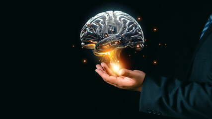 Innovative Businessman with AI Brain Illuminates Ideas Holding Light Bulb, Conceptual Creativity....