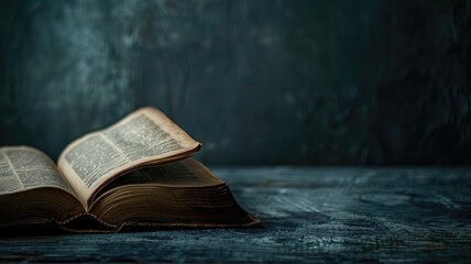 Open book on dark wood surface. - obrazy, fototapety, plakaty