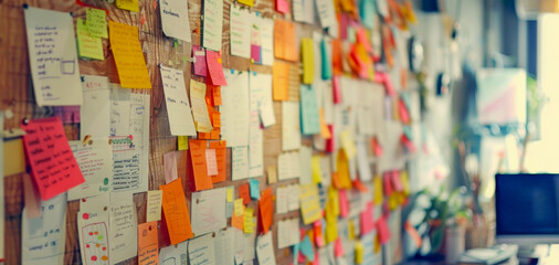 Selective focus with a wall covered in colorful sticky notes