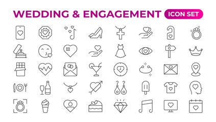 Simple Set of Minimal Wedding Related Vector Line Icons. The wedding outline icon set includes thin line rose, candle, marriage, bouquet, groom, tent, dove icons for report, presentation, and diagram.