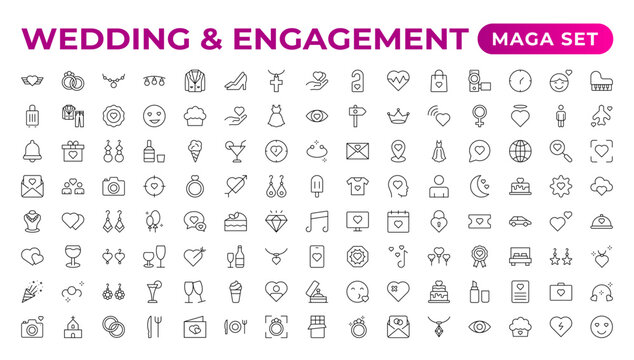Simple Set of Minimal Wedding Related Vector Line Icons. The wedding outline icon set includes thin line rose, candle, marriage, bouquet, groom, tent, dove icons for report, presentation, and diagram.