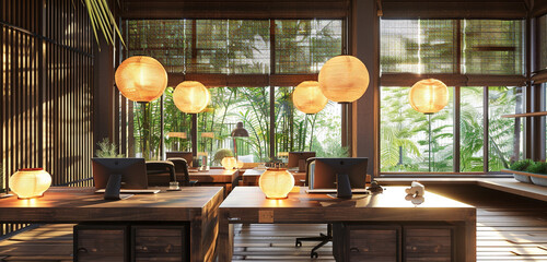 Zen office with bamboo flooring, paper lanterns, and low wooden desks.