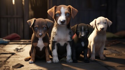 Several Abandoned Puppies Standing and Looking with Sad Eyes