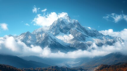   A mountain range with cloud-dotted foreground and blue backdrop of white clouds