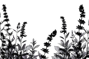A black and white photo of a field of flowers with a white background. The flowers are tall and thin, with some of them reaching up to the sky. The photo has a serene and peaceful mood. Generative AI