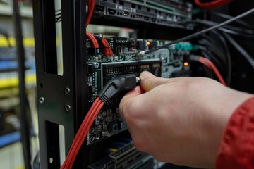 Hand connecting a SATA cable to a server hard drive