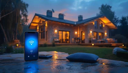 Fototapeten IoT-enabled Home Automation, home automation capabilities with showing residents using smartphones or voice commands to control IoT devices, adjusting settings,  © mh.desing