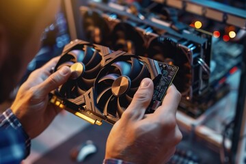 Close-up of hands installing a graphics card in a computer