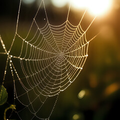 Macro photography of dewdrops on a spiderweb, with morning sunlight creating rainbows - generated by ai