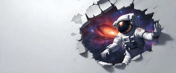 An astronaut seems to be entering into a galactic universe scene through a torn white wall, representing adventure