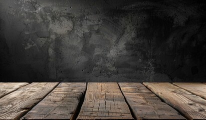 Empty old wood table and black background for product display presentation with dark concrete wall in the back Generative AI