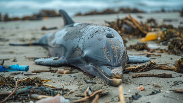 A dead dolphin washed up on a beach and had trash in its mouth. world ocean day world environment day .Virtual image.