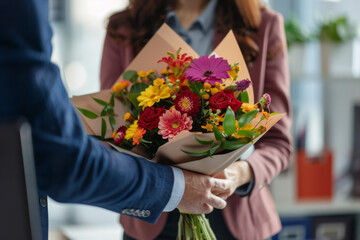 Obraz na płótnie Canvas A man discreetly presents a bouquet to a businesswoman at her desk