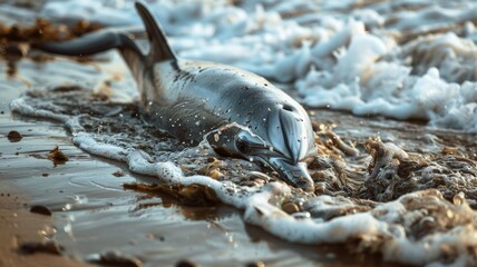 A dead dolphin washed up on a beach and had trash in its mouth. world ocean day world environment day .Virtual image.