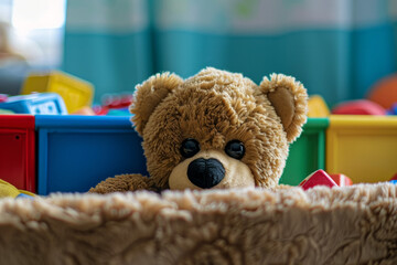 A teddy bear curiously peeking from a child's toy box