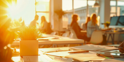A group of people are sitting at desks in a office room filled with sunlight, selective focus