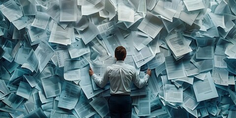 Businessperson Navigating a Sea of Paperwork and Data in the Office - obrazy, fototapety, plakaty