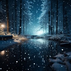 Winter Wonderland: Step into the Enchanted Winter Forest, Where Serene Blue Night and Snowfall Create a Magical Landscape Reflection, Transporting You to a Whimsical Realm of Beauty