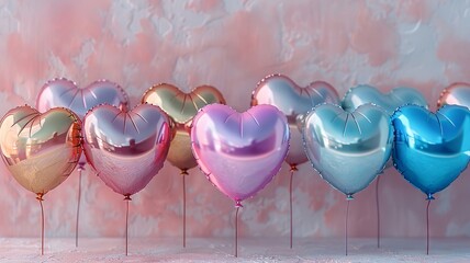 Heart-shaped metallic balloons bunched on a pastel surface