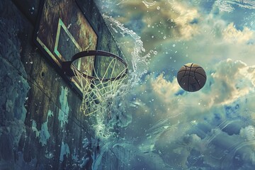 A painting capturing the moment of a basketball gracefully passing through a hoop, showcasing the dynamic movement and skill of the game.