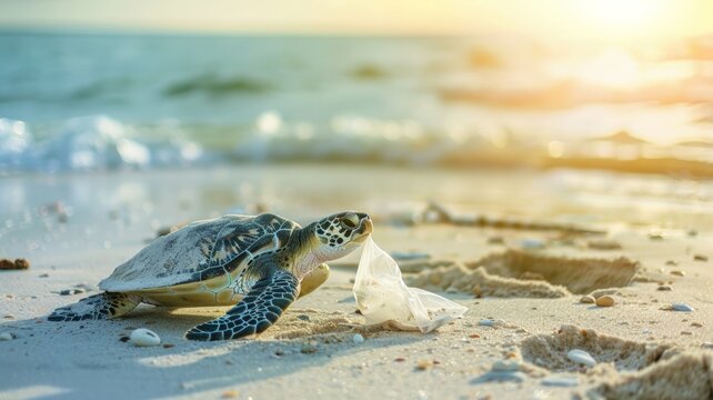 Turtle on the beach eats a plastic bag .World Ocean Day World Environment Day. Virtual image.