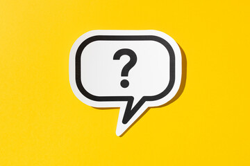 Question mark on speech bubble isolated on yellow background. Doubt, confusion, uncertainty concept