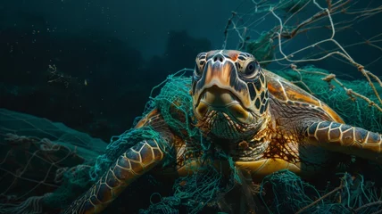 Foto op Plexiglas Turtles are caught in fishing nets on the seabed.World Ocean Day world environment day. Virtual image. © Tong