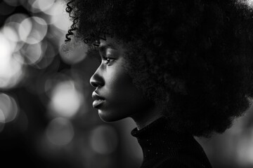 A black and white portrait of a woman with curly hair, captivating the viewer with her enigmatic gaze and dynamic hair texture. - obrazy, fototapety, plakaty