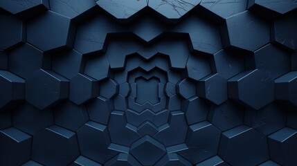 Hexagonal dark blue navy background texture placeholder, radial center space, 3d rendering backdrop