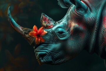   A tight shot of a rhino with a flower atop its nostrils amidst a backdrop of leafy greens and vibrant blooms