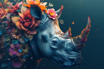   A rhino adorned with floral headdress, butterflies alight on its back - obrazy, fototapety, plakaty