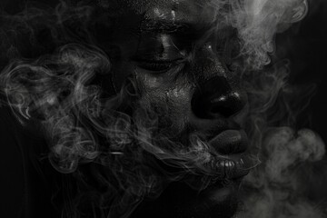 A man standing with smoke billowing out of his face, creating an illusion of mystery and transformation.