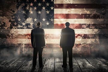 Two businessmen facing USA flag composite image - Powered by Adobe