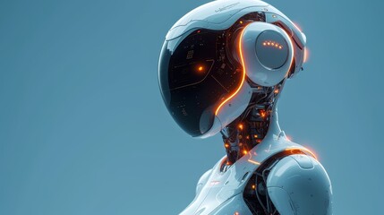   A futuristic woman in a white suit, adorned with orange lights on her face and headphones over her ears, stands before a backdrop of a tranquil blue sky - obrazy, fototapety, plakaty