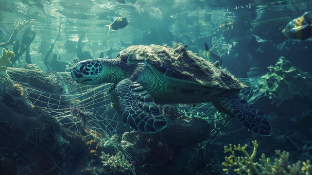 Turtles are caught in fishing nets on the seabed.World Ocean Day world environment day. Virtual image.