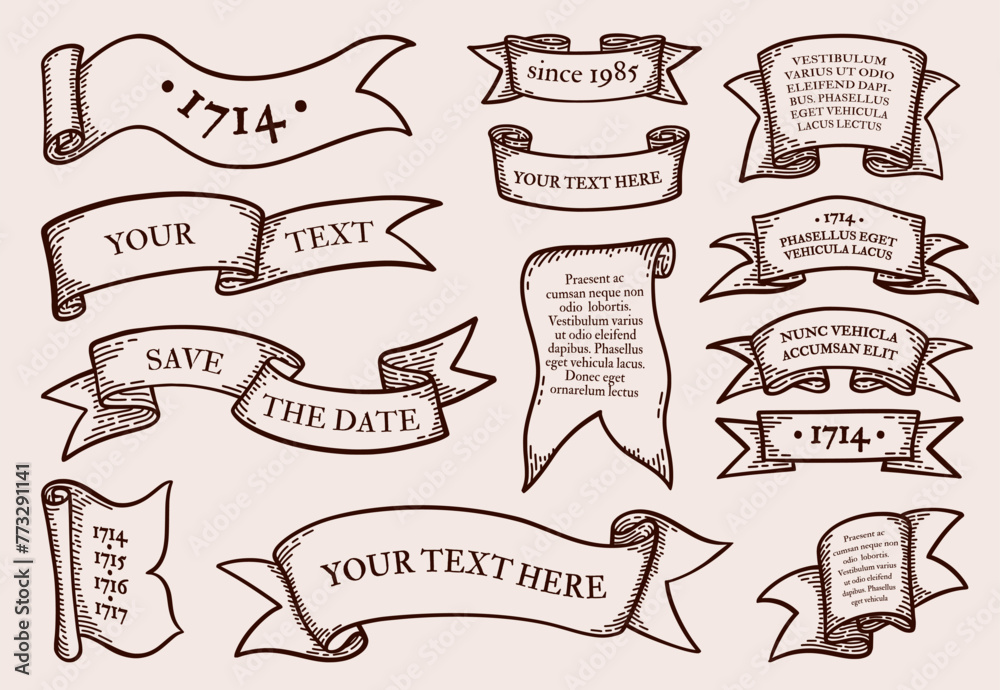 Poster ribbon banners. retro hand drawn label, old line flag elements, scroll frame antique shapes. copy sp