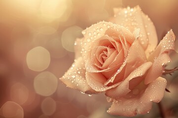   A tight shot of a pink rose, dewdrops glistening on its petals, backdrop of soft bokeh light