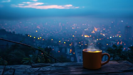Soothing night-time panorama with a steaming coffee mug on a wooden ledge - obrazy, fototapety, plakaty