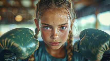 10 year old girl practicing boxing, wearing green sportswear, her clothes have liquid texture print on the fabric,generative ai