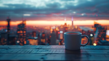 Cozy espresso mug casting a soft glow against the evening city skyline - obrazy, fototapety, plakaty