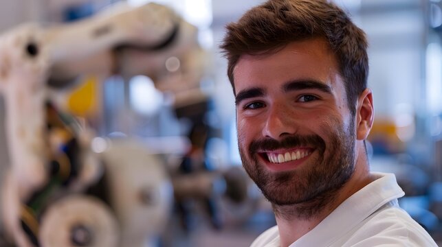 Smiling Factory Worker Collaborating with Robotic Arm in Modern Industrial Setting