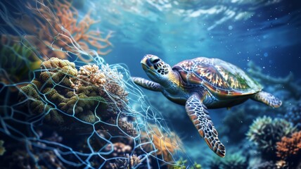 Obraz premium Turtles are caught in fishing nets on the seabed.World Ocean Day world environment day. Virtual image.