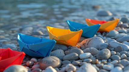 Paper boats in bold primary colors stranded on a pebbly shore