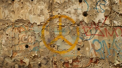 Peacsymbol on a wall marked by bullet holes, copy and  text space, 16:9