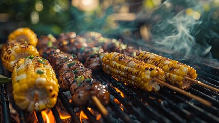 Summer backyard barbecue with corn and skewers on a warm evening