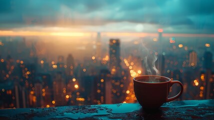 Warm cup of coffee overlooking a cityscape veiled by twilight and distant lights