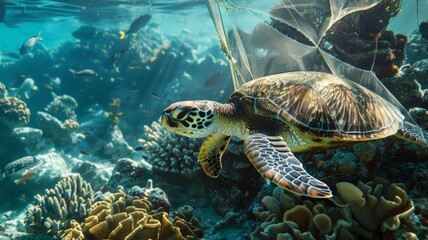 Obraz premium Turtles are caught in fishing nets on the seabed.World Ocean Day world environment day. Virtual image.