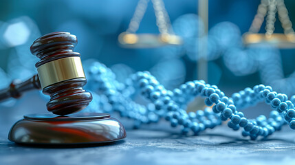 A wooden gavel rests on a desk with a chain of blue DNA models next to it - obrazy, fototapety, plakaty