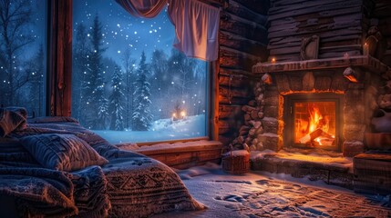 The warmth of a cozy fireplace in a cabin during a snowy evening - obrazy, fototapety, plakaty